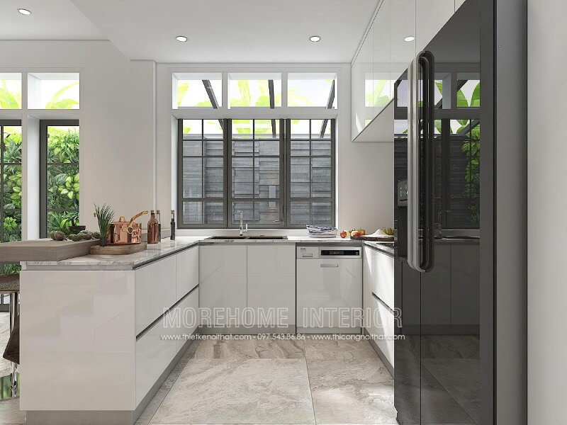 Tủ bếp treo trên kết hợp tủ bếp dưới, với sự phân chia ngăn tủ khoa học, hợp lí tạo cho bạn có thể lưu trữ vật dụng nhà bếp, cũng như gia vị nấu ăn Thiết kế và sản xuất tủ bếp đẹp