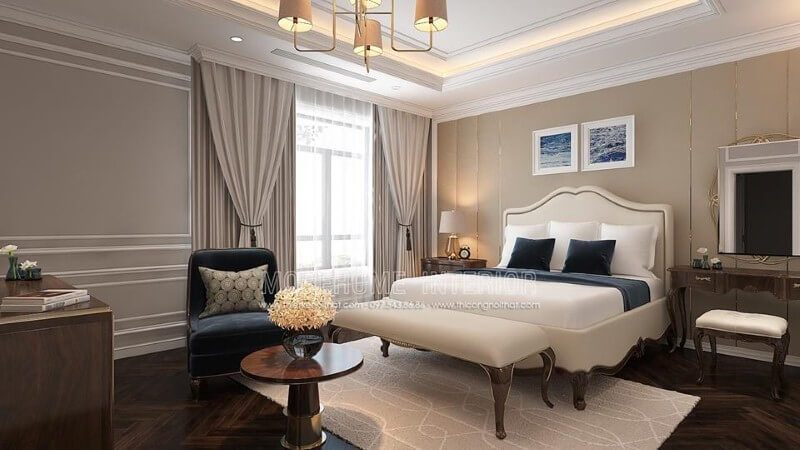 Bố trí nội thất phòng ngủ tân cổ điển đẹp, sang trọng nổi bật với sắc trắng điểm nhấn từ bộ đôn, giường bọc nệm gỗ óc chó tự nhiên.