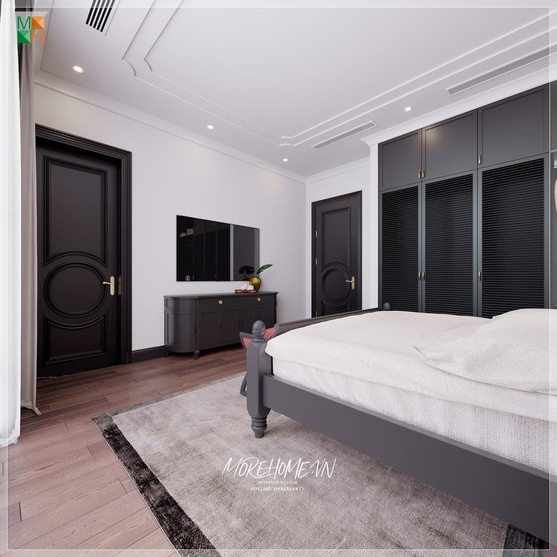 Mẫu tủ quần áo gỗ tự nhiên sơn đen theo phong cách Indochine sẽ làm nên sự sang trọng cho phòng ngủ của căn hộ, nhà phố, biệt thự.