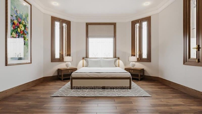 Sự kết hợp của gam màu nâu vàng và sắc trắng để thiết kế nội thất phòng ngủ gỗ tự nhiên sẽ tạo nên một không gian hoàn hảo.
